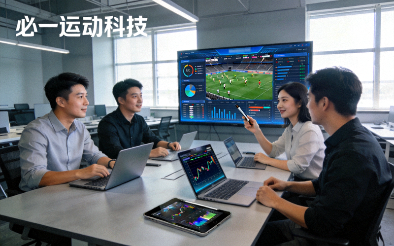 必一运动科技团队在现代化办公室中协作讨论体育数据项目的场景